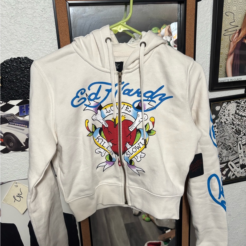 Ed Hardy Cream Hoodie with Heart and Blue Lettering